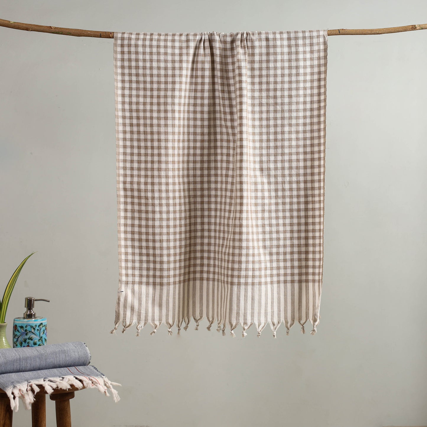 Beige Handloom Fine Cotton Checks Bath Towel