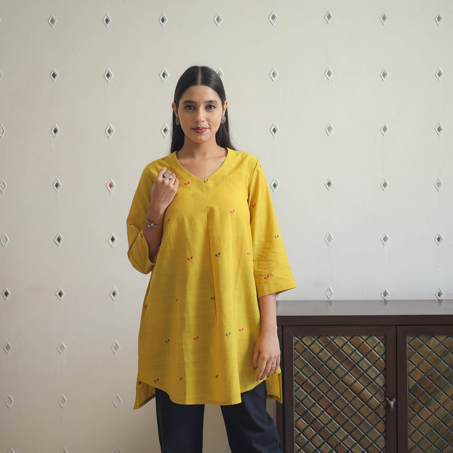 Yellow - Handwoven Cotton U Cut Short Jamdani Kurta 27