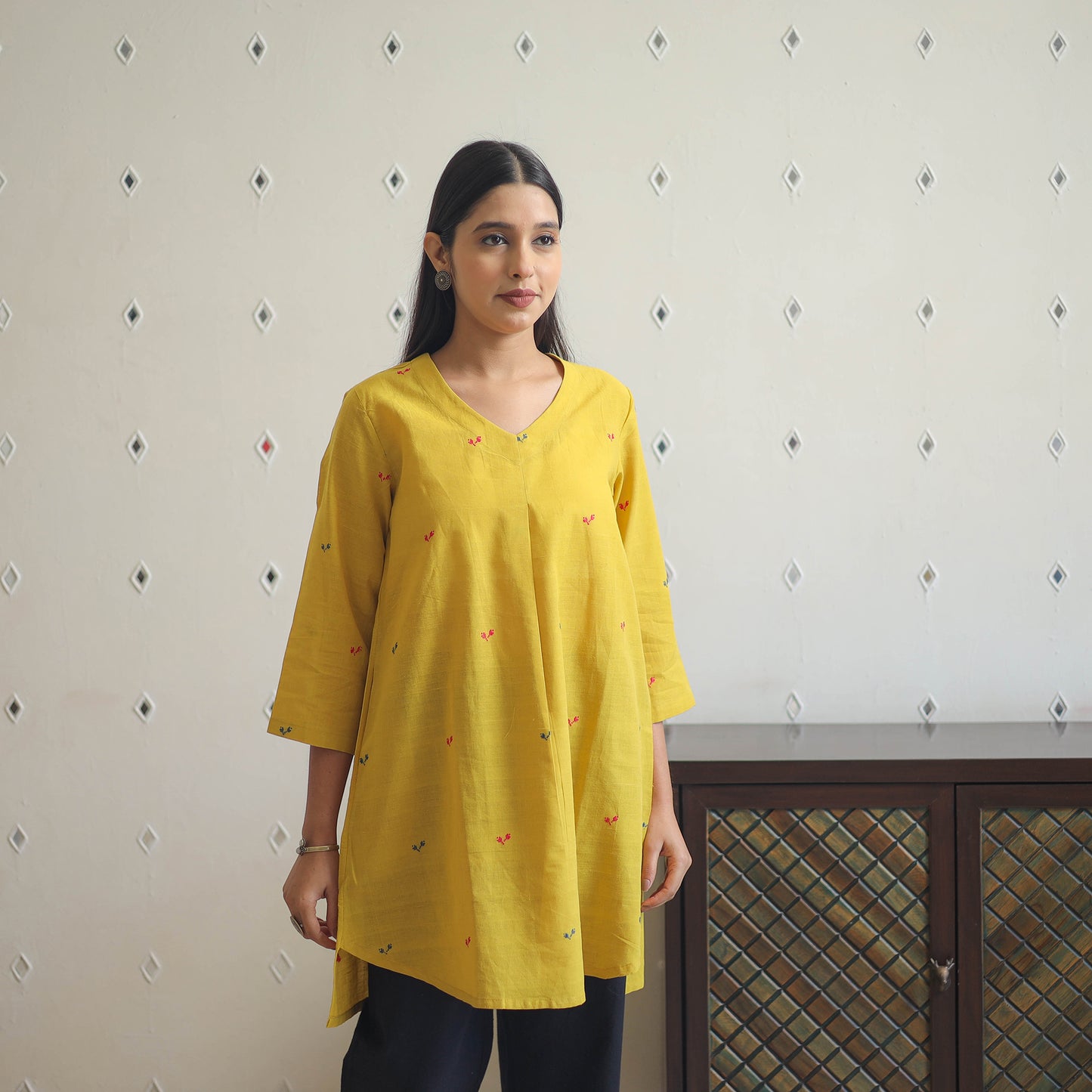 Yellow - Handwoven Cotton U Cut Short Jamdani Kurta 27