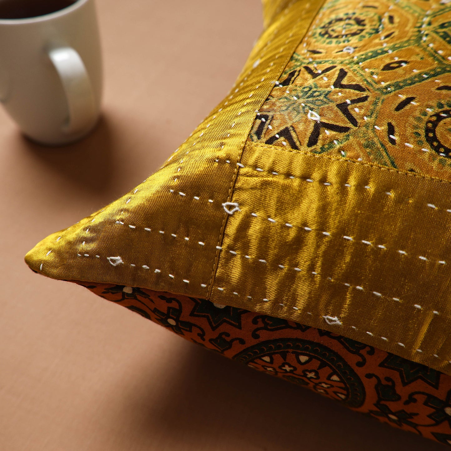 Yellow - Kutch Tagai Patchwork Ajrakh Mashru Silk Cushion Cover (12 x 12 in) 08