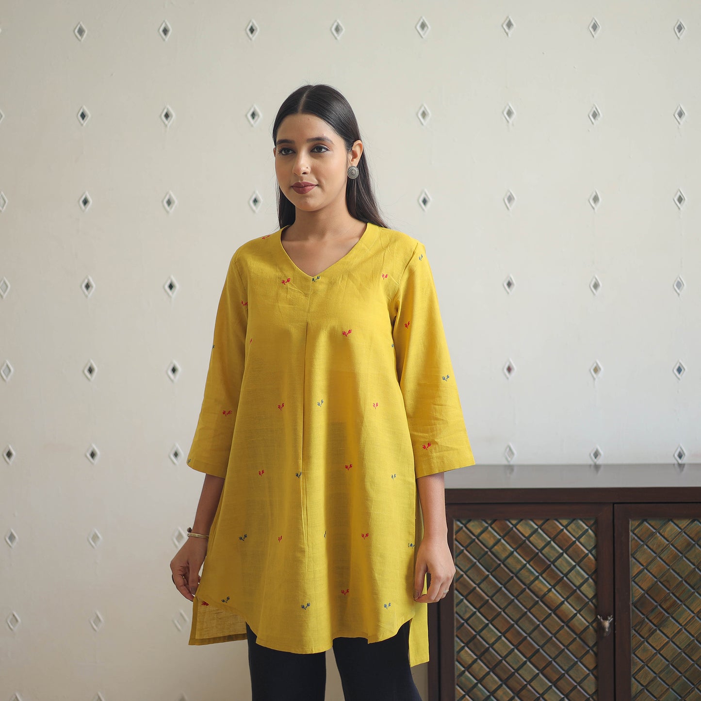 Yellow - Handwoven Cotton U Cut Short Jamdani Kurta 27