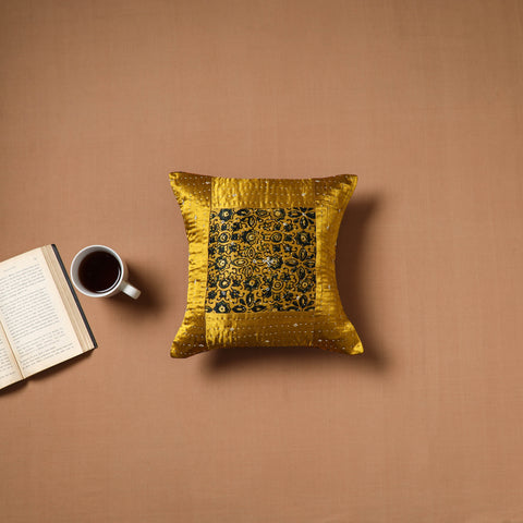 Yellow - Kutch Tagai Patchwork Ajrakh Mashru Silk Cushion Cover (12 x 12 in) 09