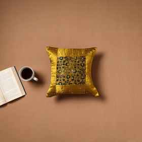 Yellow - Kutch Hand Embroidery Mashru Silk Ajrakh Print Cushion Cover 05