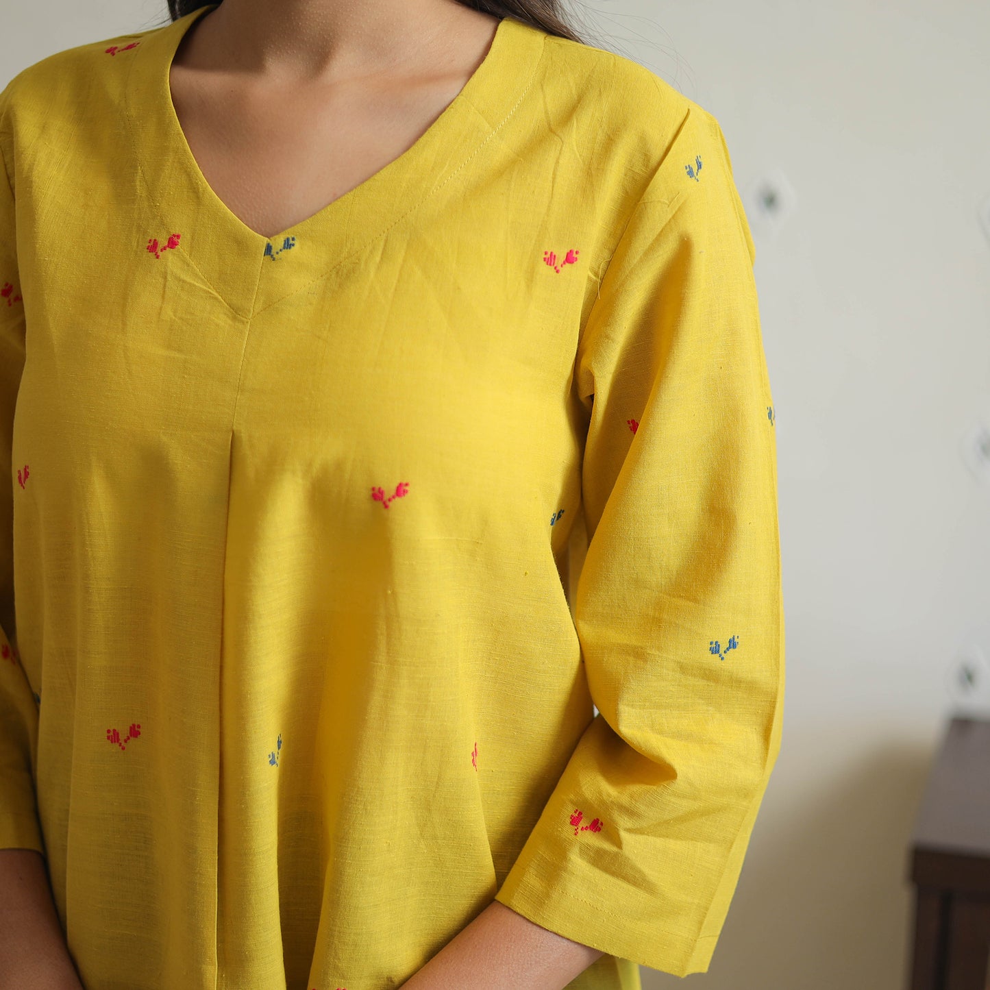 Yellow - Handwoven Cotton U Cut Short Jamdani Kurta 27