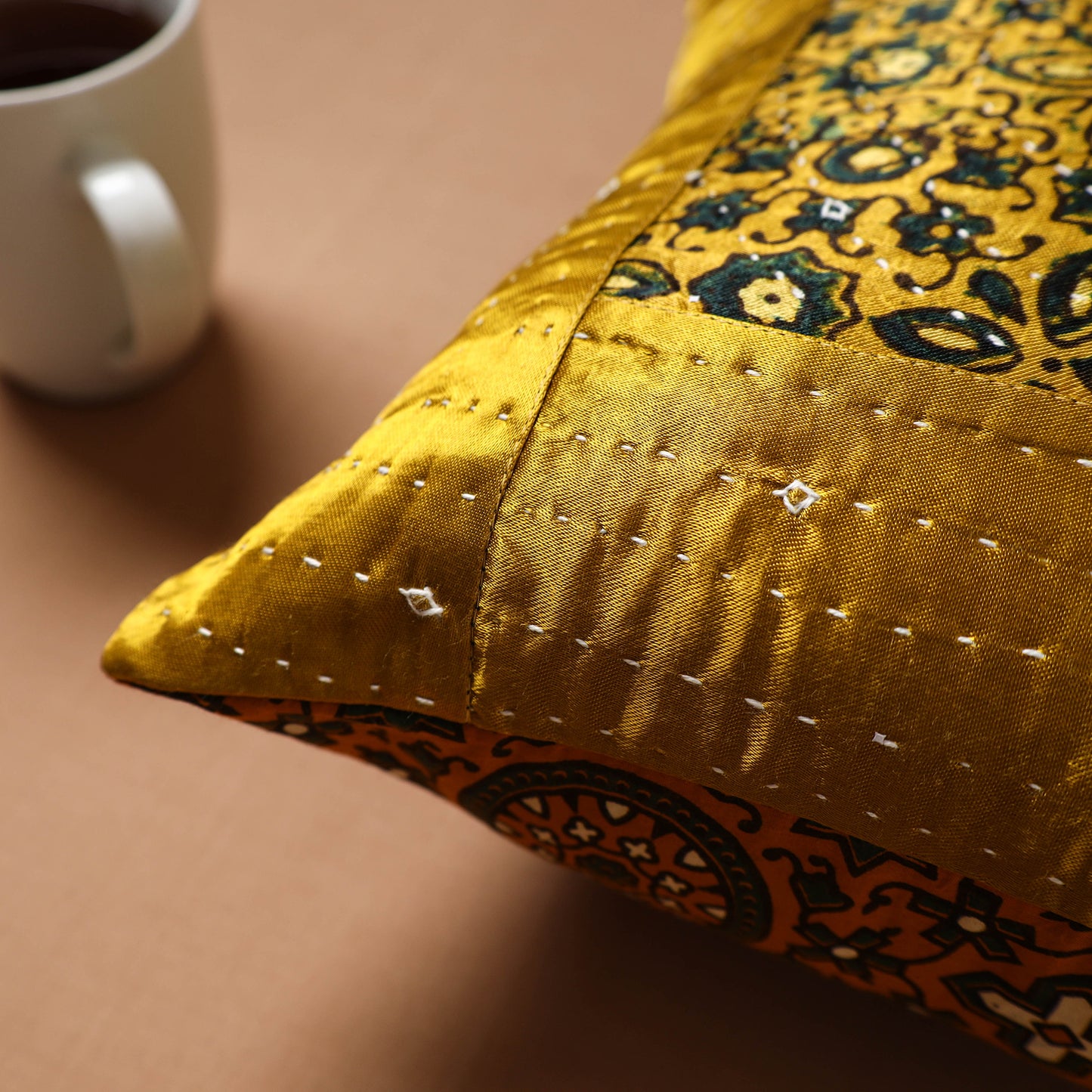 Yellow - Kutch Hand Embroidery Mashru Silk Ajrakh Print Cushion Cover 05