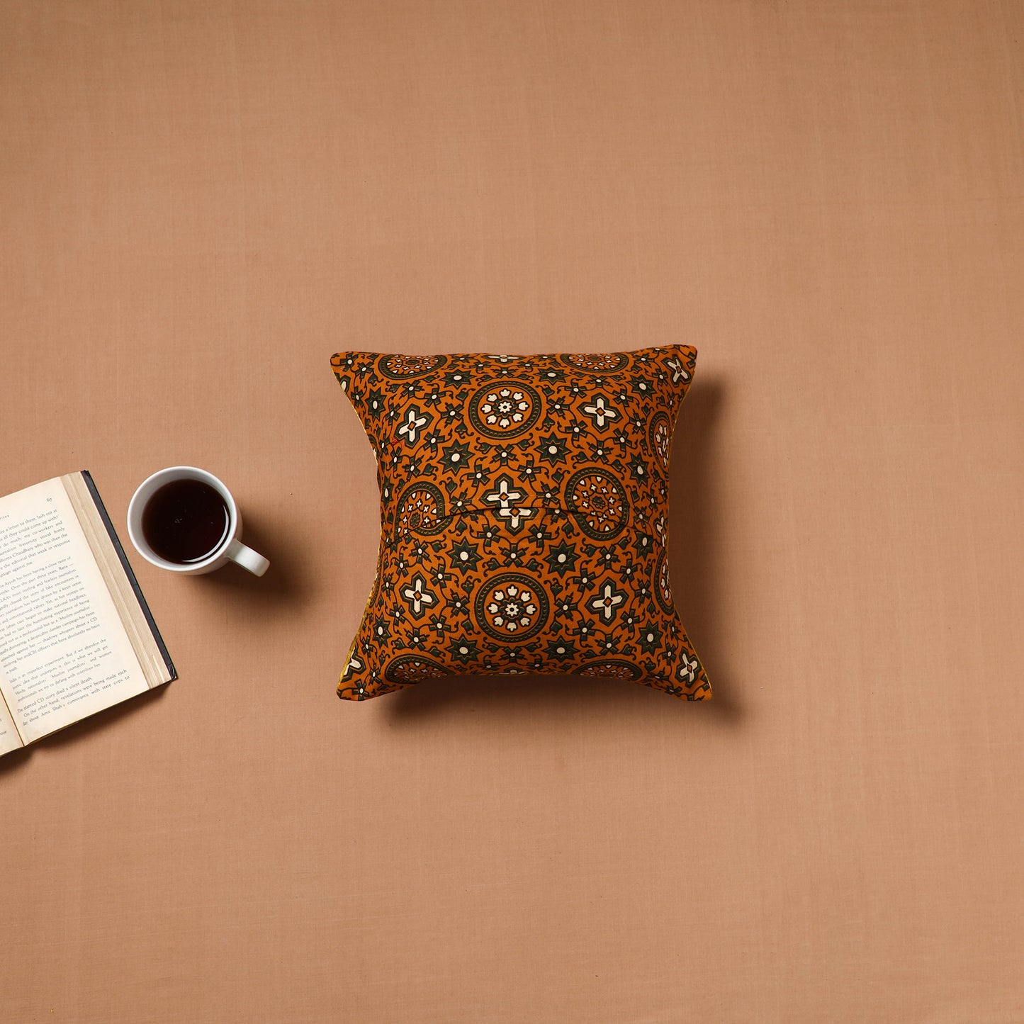 Yellow - Kutch Hand Embroidery Mashru Silk Ajrakh Print Cushion Cover 05
