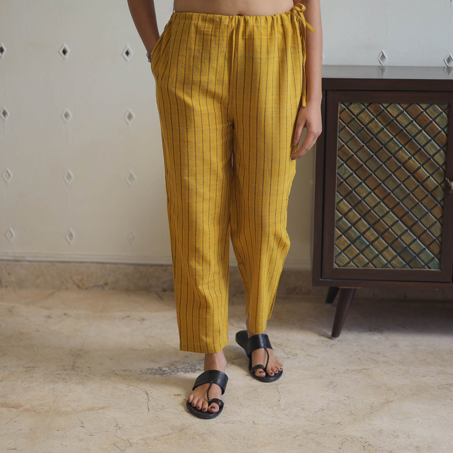 Yellow - Handwoven Stripes Cotton Tapered Pant 36