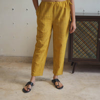 Yellow - Handwoven Stripes Cotton Tapered Pant 36