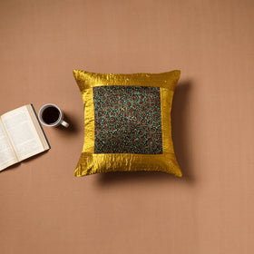 Yellow - Kutch Tagai Patchwork Ajrakh Mashru Silk Cushion Cover (16 x 16 in) 10