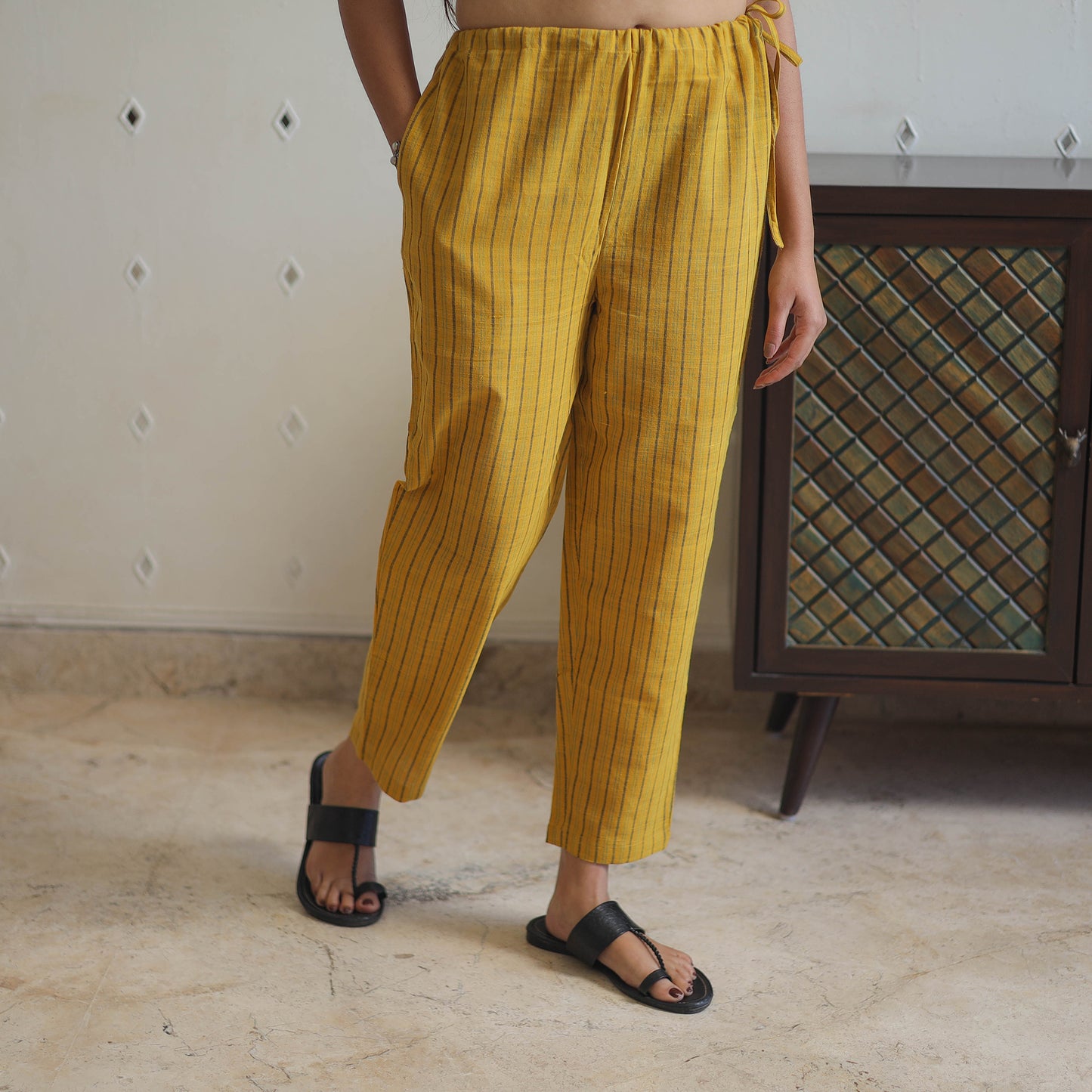 Yellow - Handwoven Stripes Cotton Tapered Pant 36