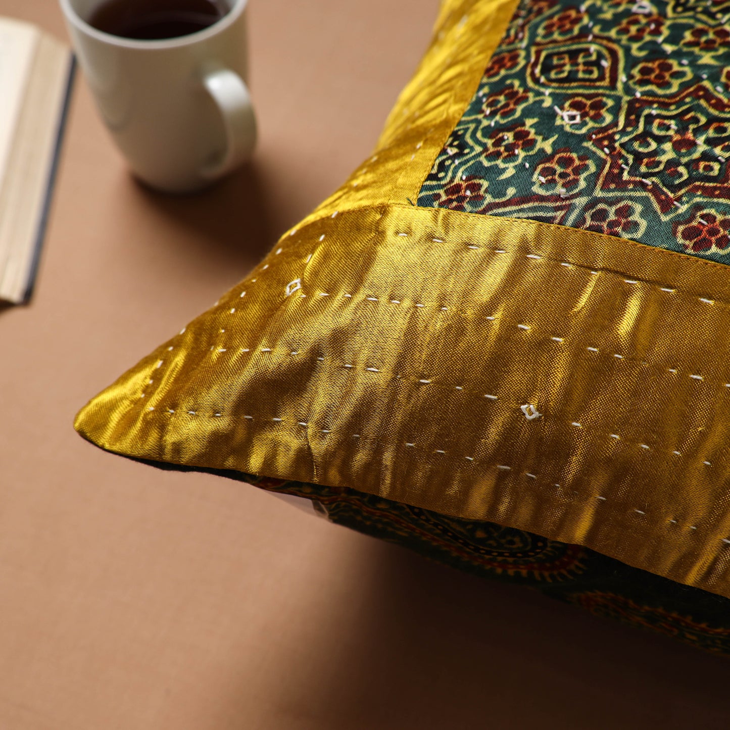 Yellow - Kutch Tagai Patchwork Ajrakh Mashru Silk Cushion Cover (16 x 16 in) 10