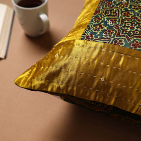 Yellow - Kutch Tagai Patchwork Ajrakh Mashru Silk Cushion Cover (16 x 16 in) 10