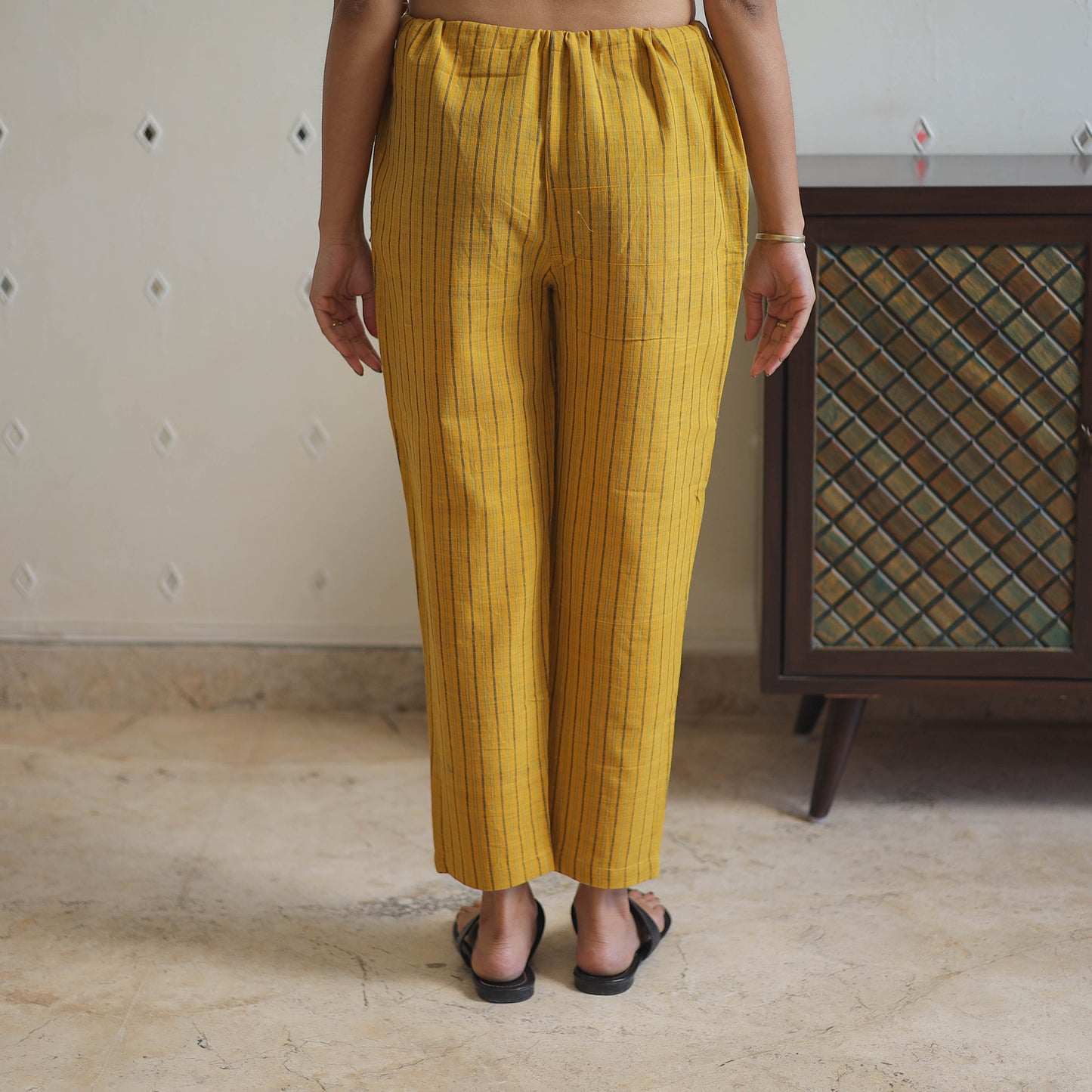 Yellow - Handwoven Stripes Cotton Tapered Pant 36