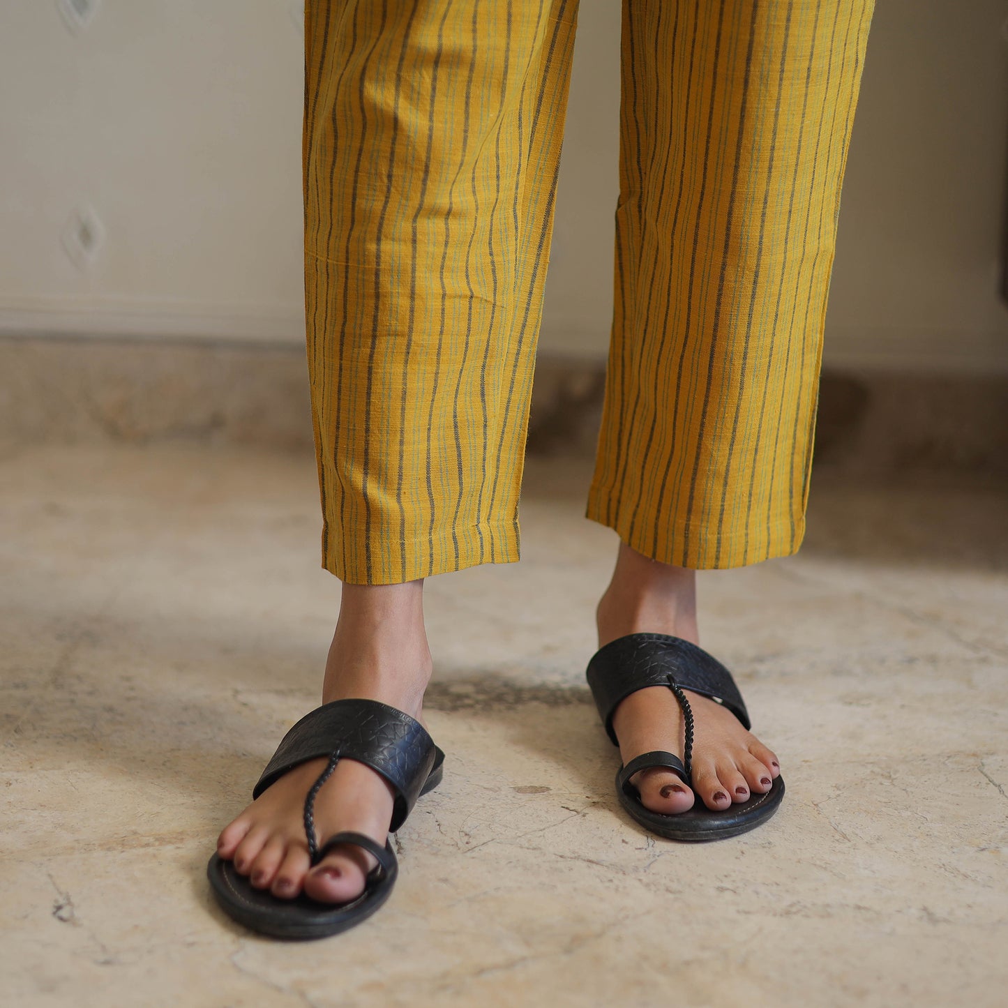 Yellow - Handwoven Stripes Cotton Tapered Pant 36