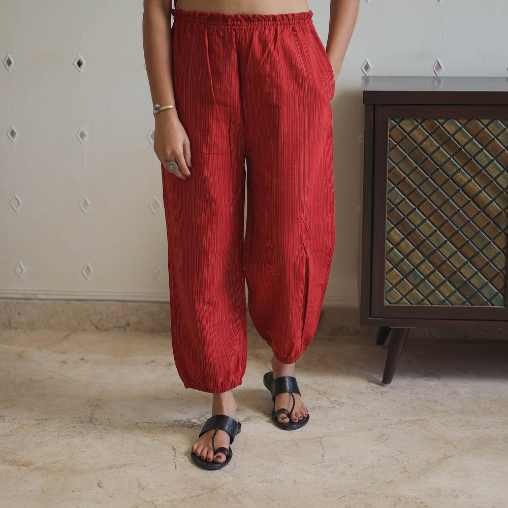 Red - Handwoven Stripes Cotton Joggers Pant 34