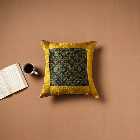 Yellow - Kutch Tagai Patchwork Ajrakh Mashru Silk Cushion Cover (16 x 16 in) 11