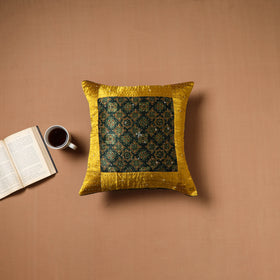 Yellow - Kutch Tagai Patchwork Ajrakh Mashru Silk Cushion Cover (16 x 16 in) 11