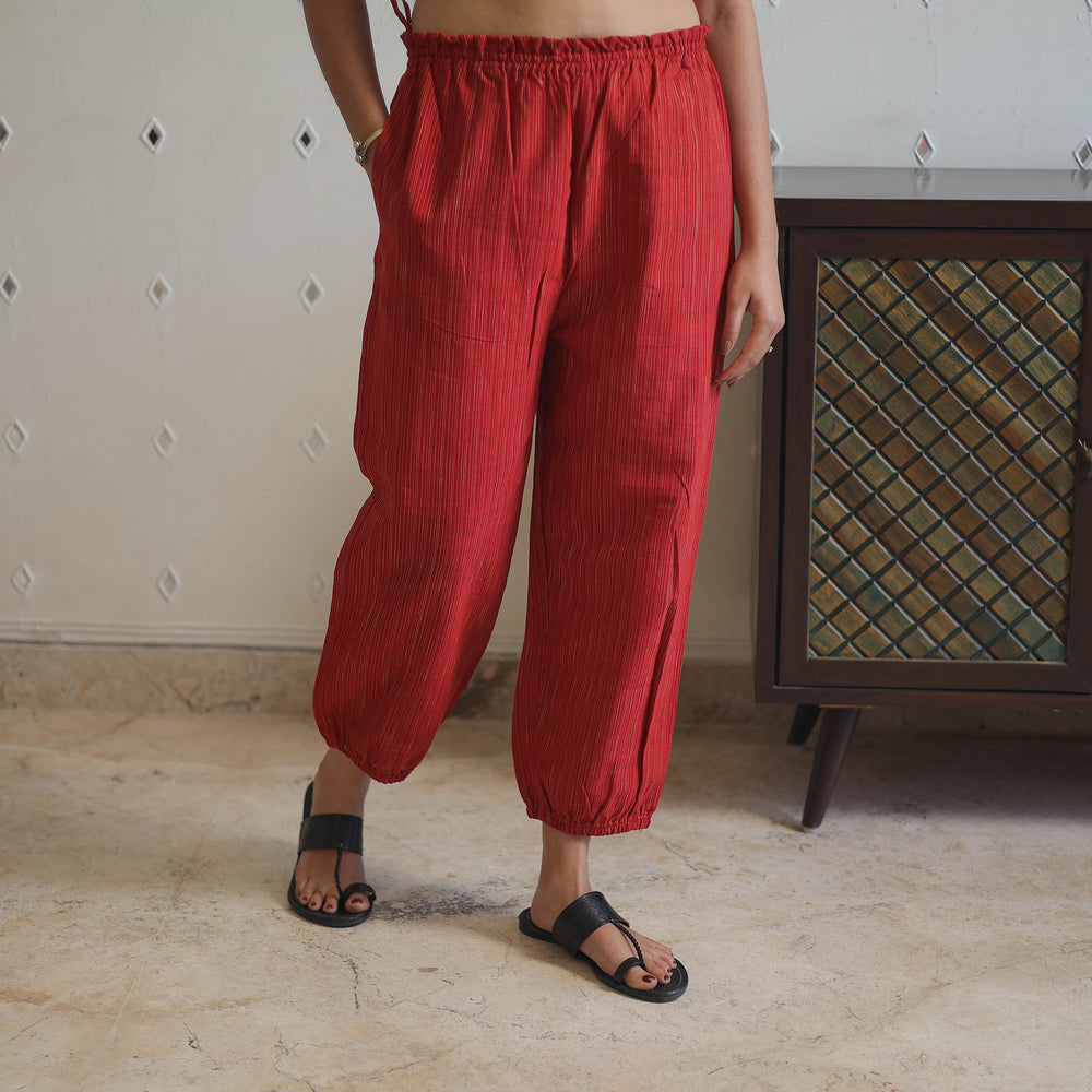 Red - Handwoven Stripes Cotton Joggers Pant 34