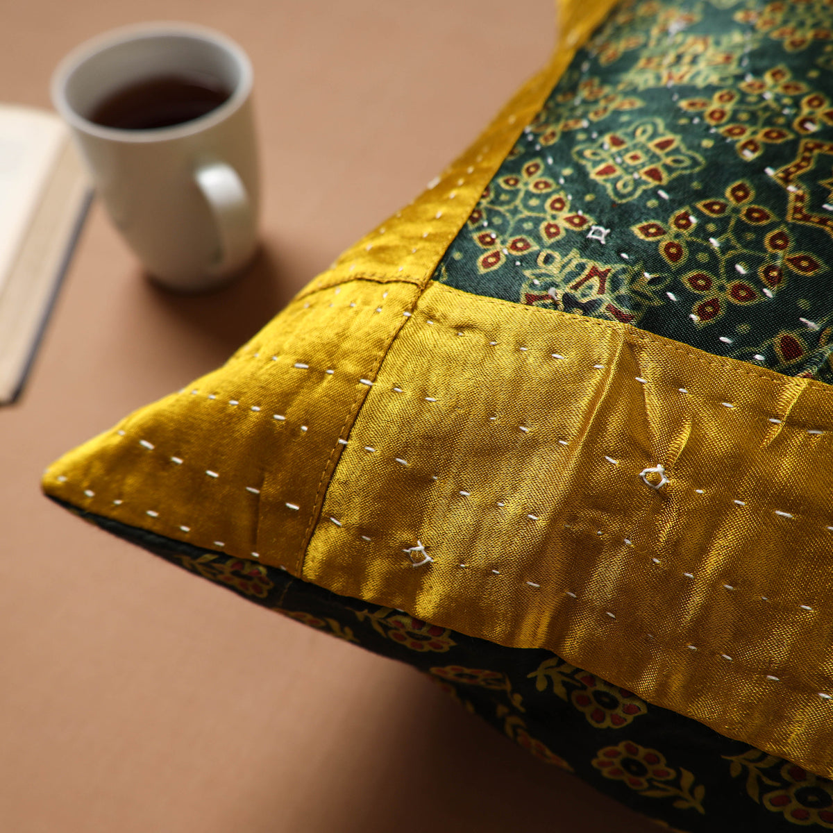 Yellow - Kutch Tagai Patchwork Ajrakh Mashru Silk Cushion Cover (16 x 16 in) 11