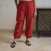 Red - Handwoven Stripes Cotton Joggers Pant 34