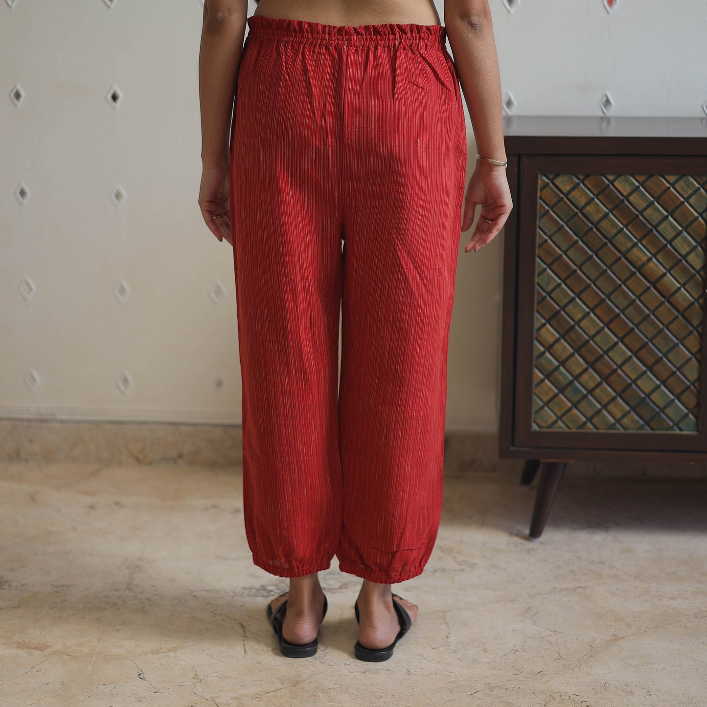 Red - Handwoven Stripes Cotton Joggers Pant 34