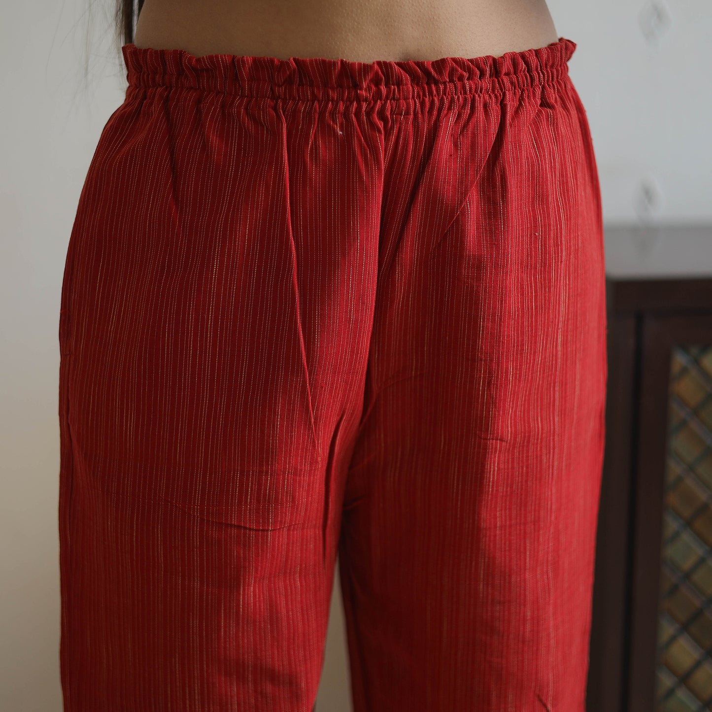 Red - Handwoven Stripes Cotton Joggers Pant 34