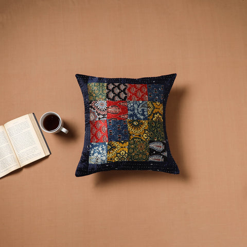 Multicolor - Kutch Tagai Patchwork Ajrakh Mashru Silk Cushion Cover (16 x 16 in) 12