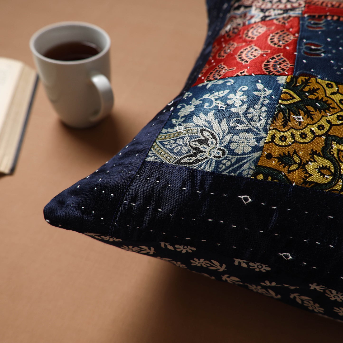 Multicolor - Kutch Tagai Patchwork Ajrakh Mashru Silk Cushion Cover (16 x 16 in) 12