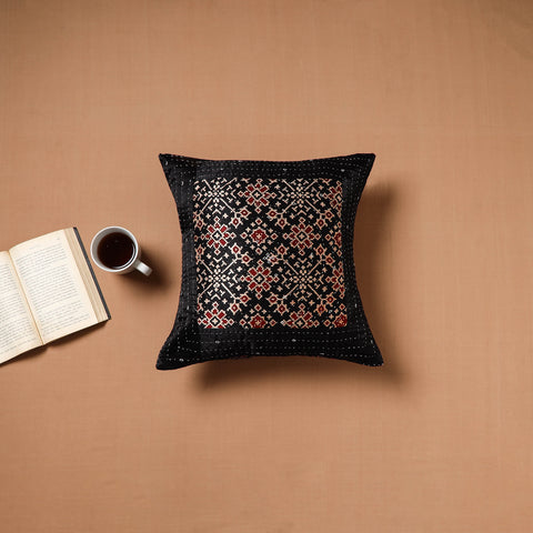 Black - Kutch Tagai Patchwork Ajrakh Mashru Silk Cushion Cover (16 x 16 in) 13