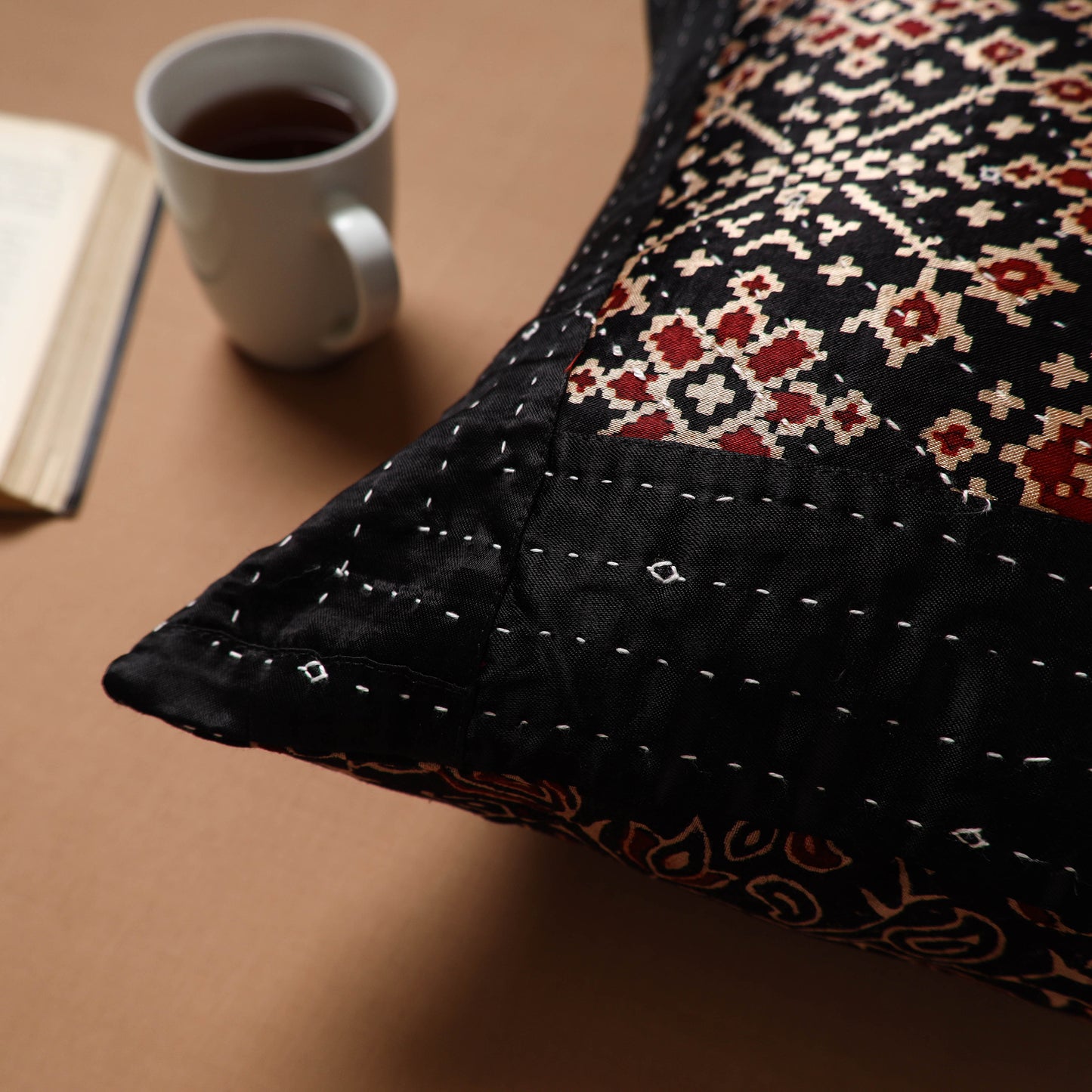 Black - Kutch Tagai Patchwork Ajrakh Mashru Silk Cushion Cover (16 x 16 in) 13
