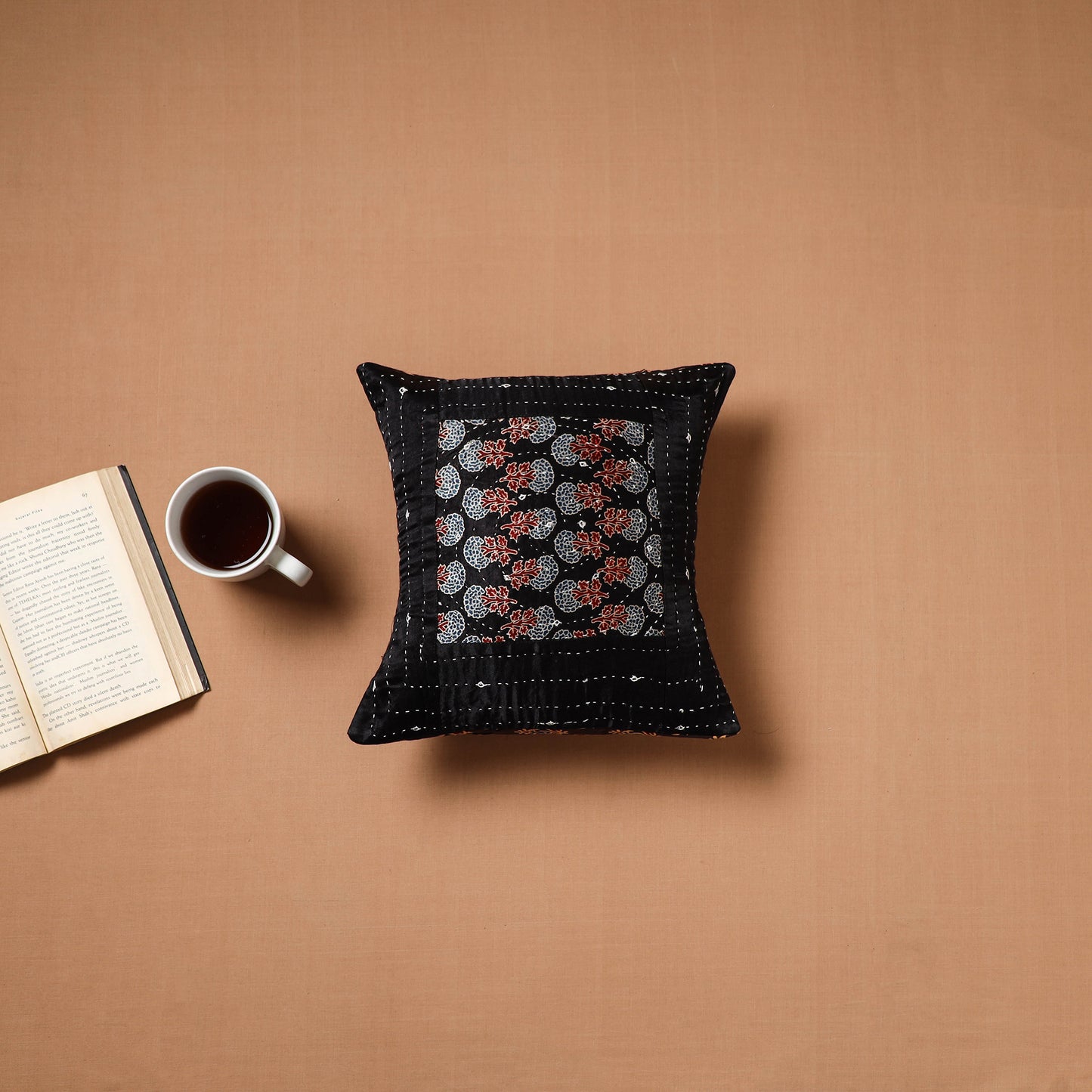 Black - Kutch Tagai Patchwork Ajrakh Mashru Silk Cushion Cover (12 x 12 in) 14