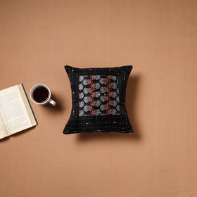 Black - Kutch Tagai Patchwork Ajrakh Mashru Silk Cushion Cover (12 x 12 in) 14