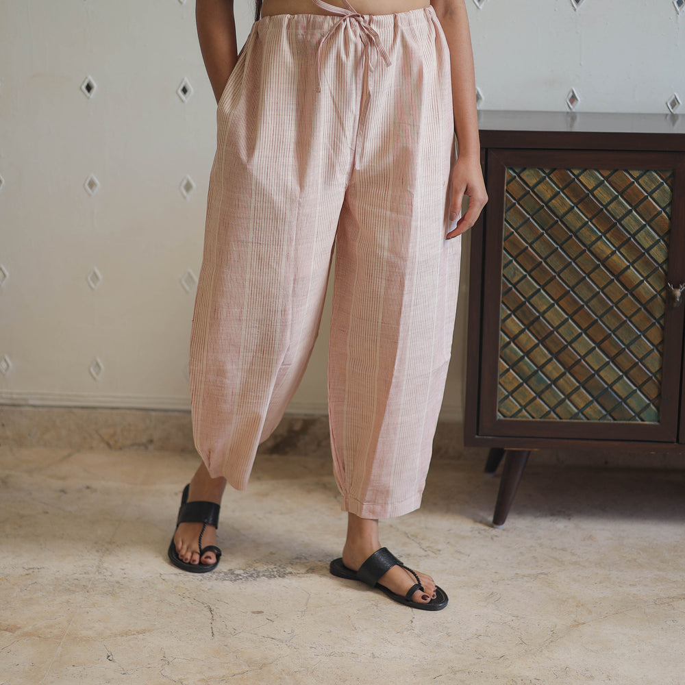 Pink - Handwoven Stripes Cotton Elasticated Pant 33