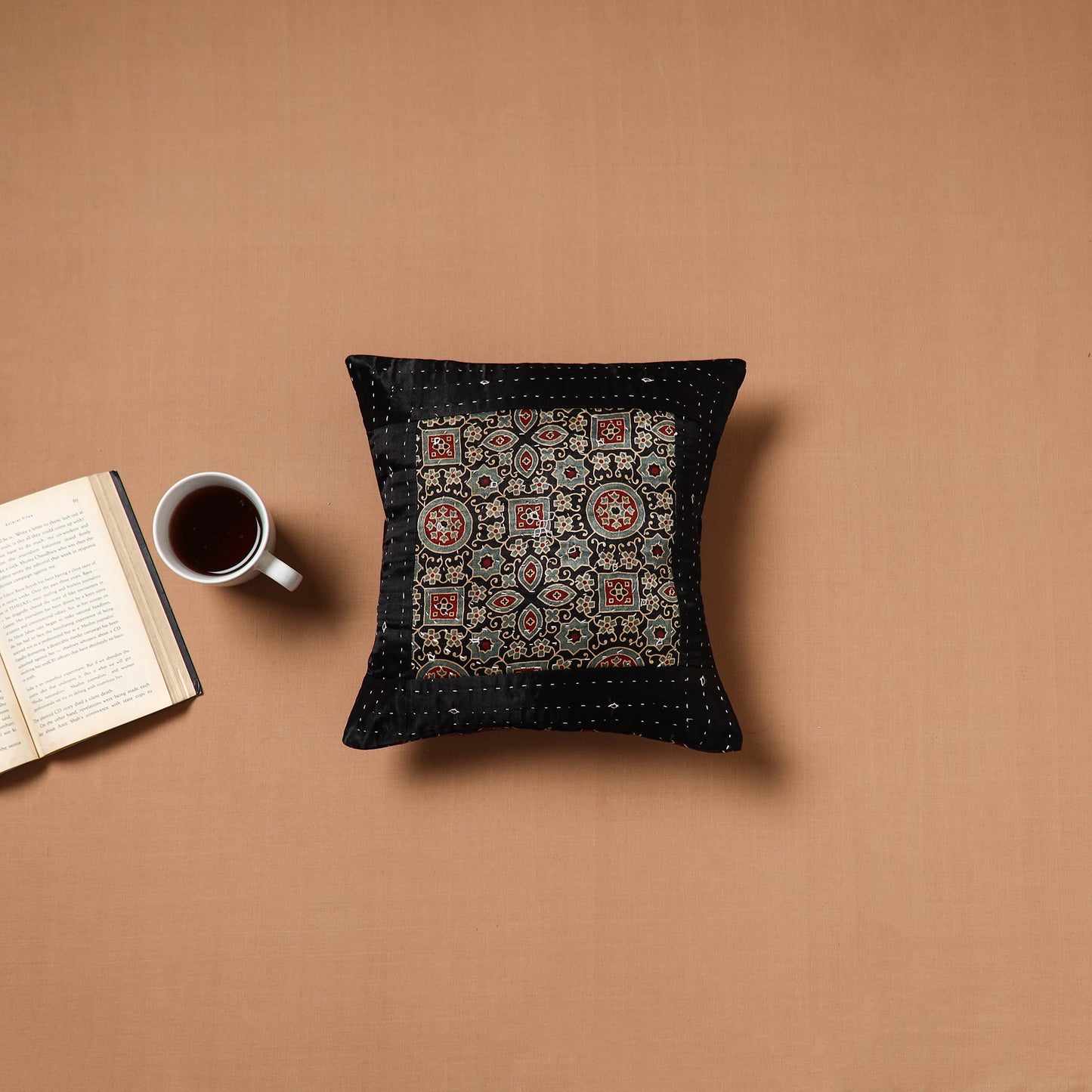 Black - Kutch Tagai Patchwork Ajrakh Mashru Silk Cushion Cover (12 x 12 in) 15