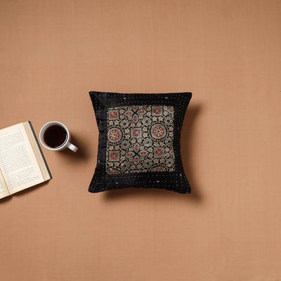 Black - Kutch Tagai Patchwork Ajrakh Mashru Silk Cushion Cover (12 x 12 in) 15