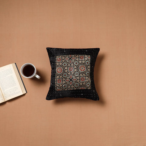 Black - Kutch Tagai Patchwork Ajrakh Mashru Silk Cushion Cover (12 x 12 in) 15