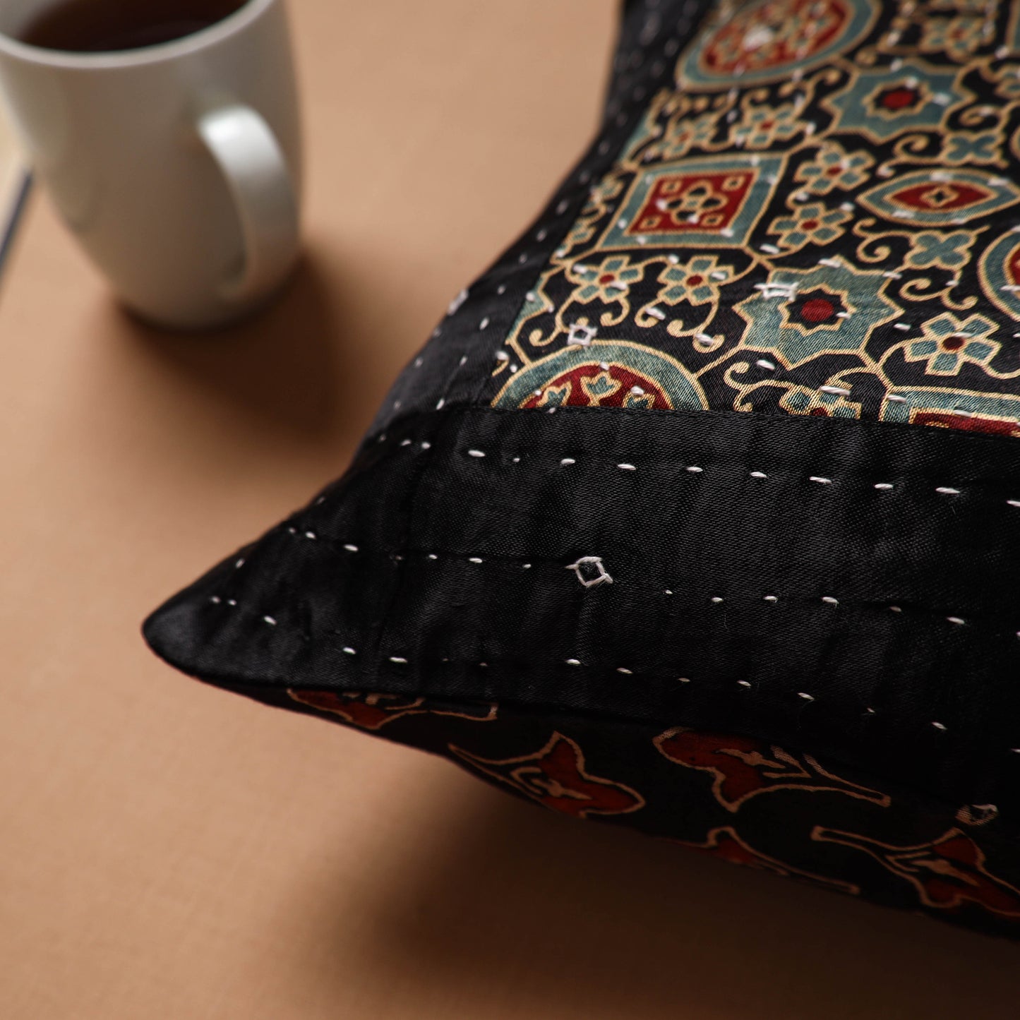 Black - Kutch Tagai Patchwork Ajrakh Mashru Silk Cushion Cover (12 x 12 in) 15
