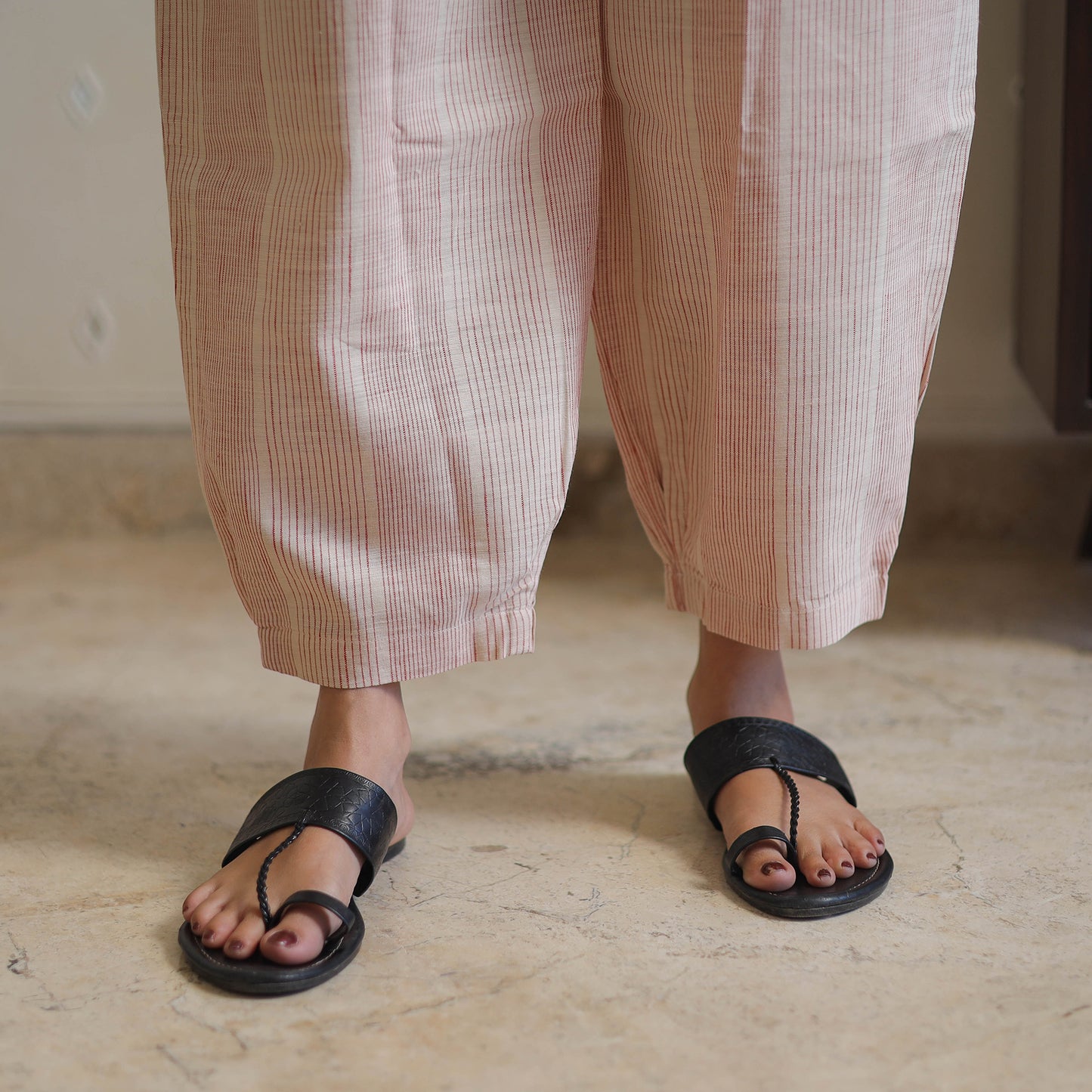 Pink - Handwoven Stripes Cotton Elasticated Pant 33