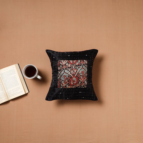 Black - Kutch Tagai Patchwork Ajrakh Mashru Silk Cushion Cover (12 x 12 in) 16