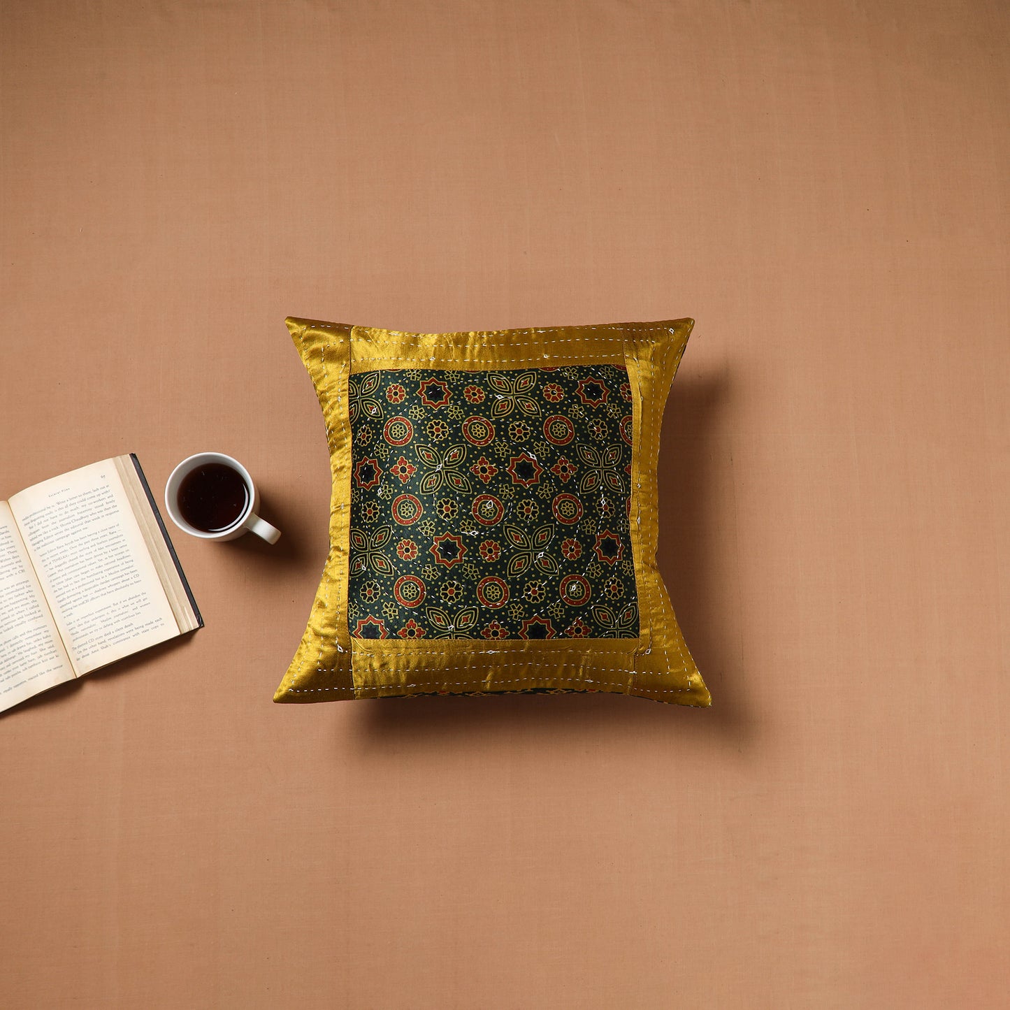 Green - Kutch Tagai Patchwork Ajrakh Mashru Silk Cushion Cover (16 x 16 in) 17