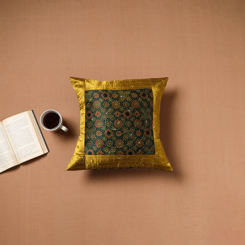 Green - Kutch Tagai Patchwork Ajrakh Mashru Silk Cushion Cover (16 x 16 in) 17