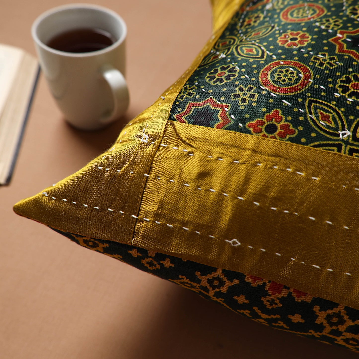 Green - Kutch Tagai Patchwork Ajrakh Mashru Silk Cushion Cover (16 x 16 in) 17