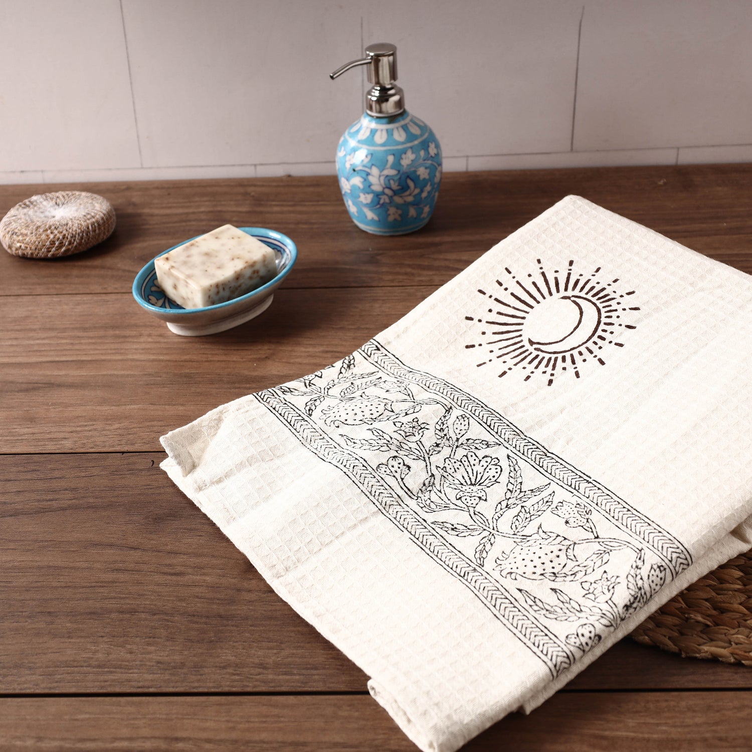 Green Indian Block Print Cotton Kitchen Towels, Waffle Weave