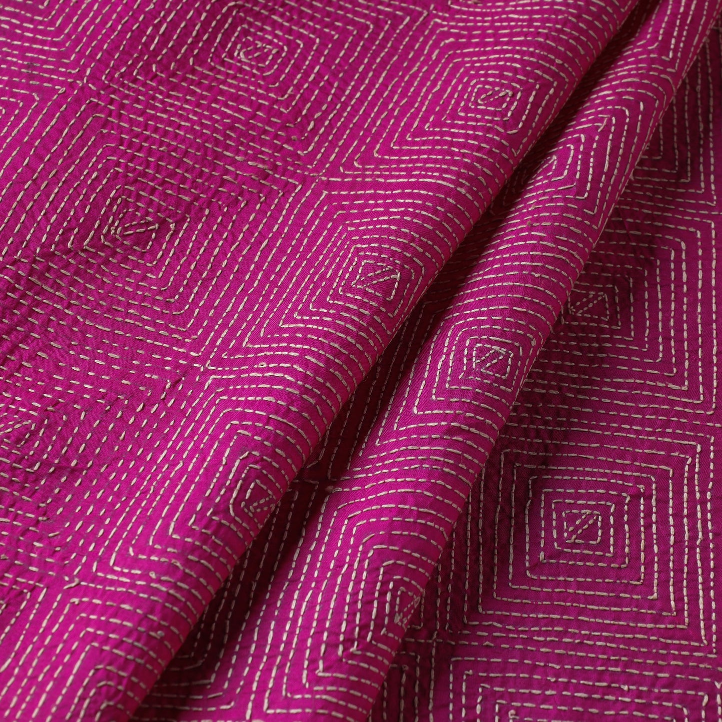 Pink - Bengal Kantha Work Pure Tussar Silk Handloom Fabric
