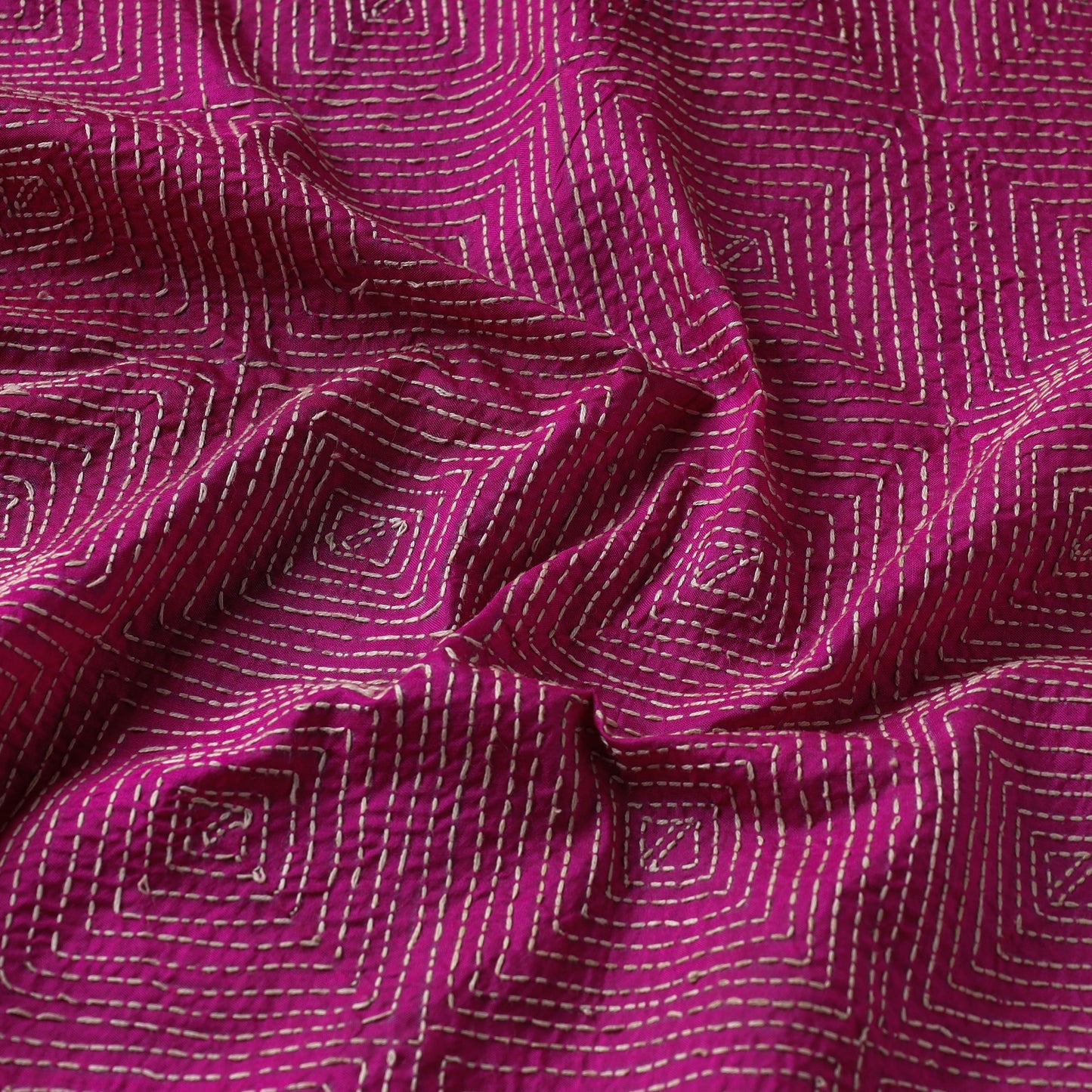 Pink - Bengal Kantha Work Pure Tussar Silk Handloom Fabric