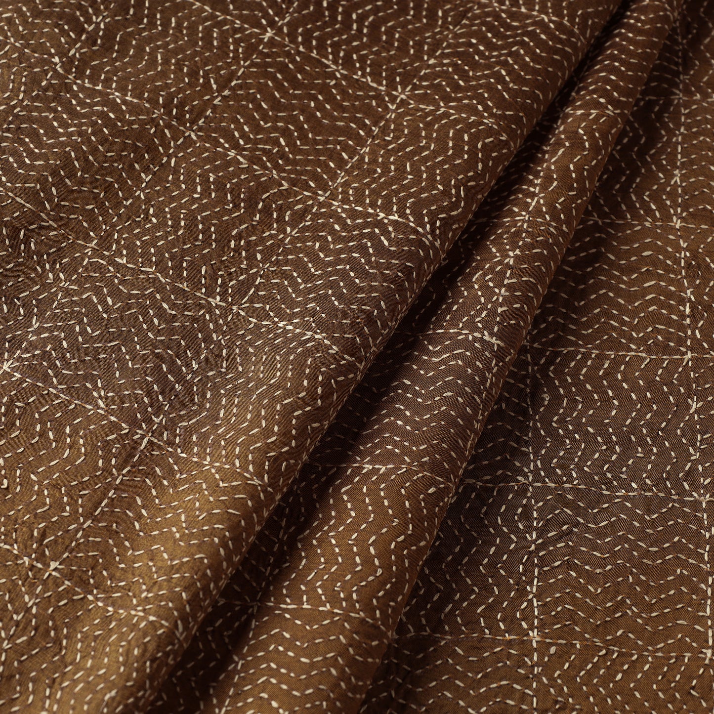 Dark Brown - Bengal Kantha Work Pure Tussar Silk Handloom Fabric