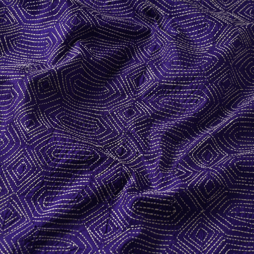 Dark Purple - Bengal Kantha Work Pure Tussar Silk Handloom Fabric