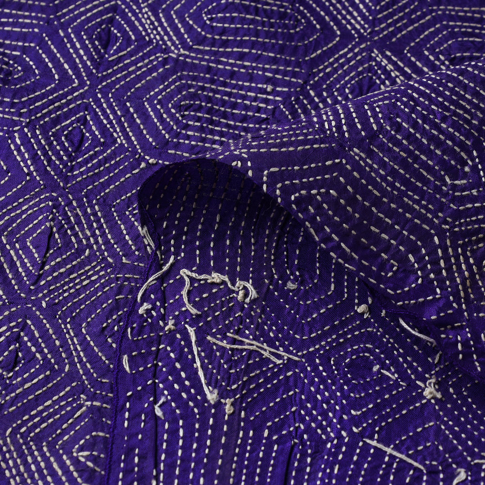 Dark Purple - Bengal Kantha Work Pure Tussar Silk Handloom Fabric