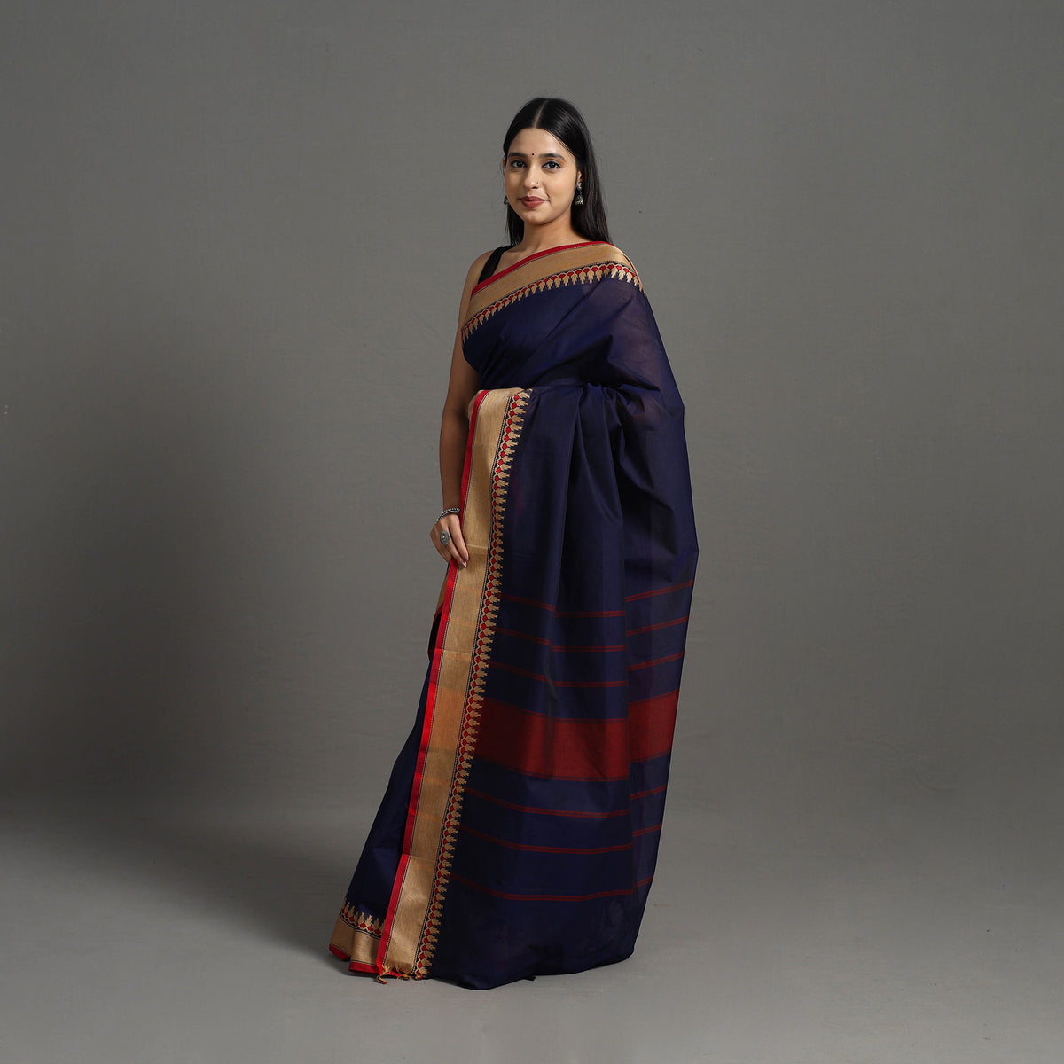 Blue - kanchipuram cotton saree with thread border 04