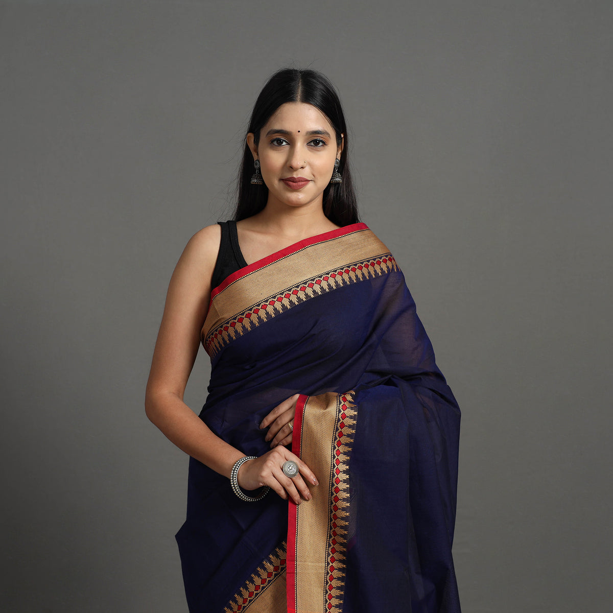 Blue - kanchipuram cotton saree with thread border 04